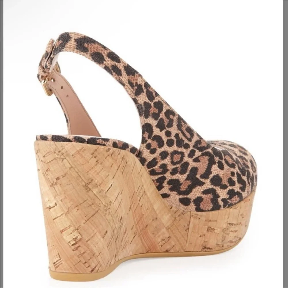 Stuart Weitzman Woven Leopard-Print Cork Slingback Wedges 8.5 Narrow - Picture 2 of 10